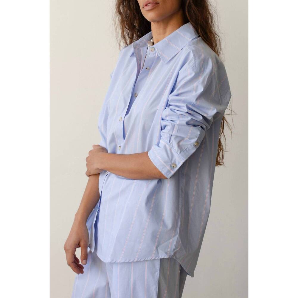DONNI. Light Blue Striped Long Sleeve Button-Up Shirt - Picture 2 of 3
